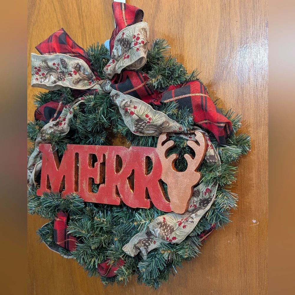 Rustic Holiday Wreath with 'Merry' Sign And Deer Outline, Squiral Ribbon